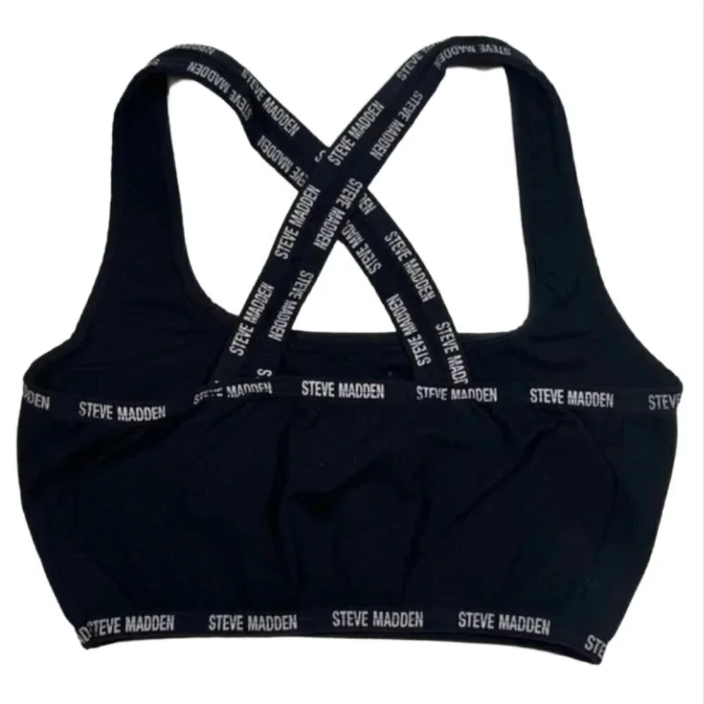Steve Madden Unpadded Black Branded Strap Sports Bra